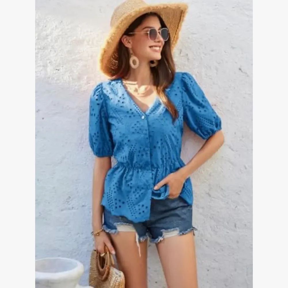 GRACE KARIN Shirt Puffed Short Sleeve Blouses V Neck Button-up
